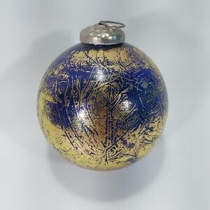 Vintage Antique 4" Extra Large Blue Gold Foil Crackle Glass Ornament Ball